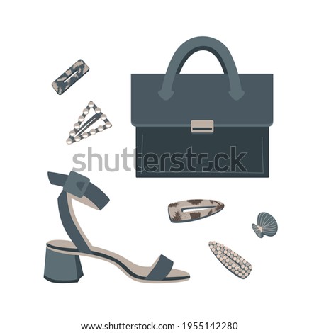 Cartoon flat vector illustration wardrobe. Fashion style. Bag, shoes, hairpins, barrette. Сток-фото © 