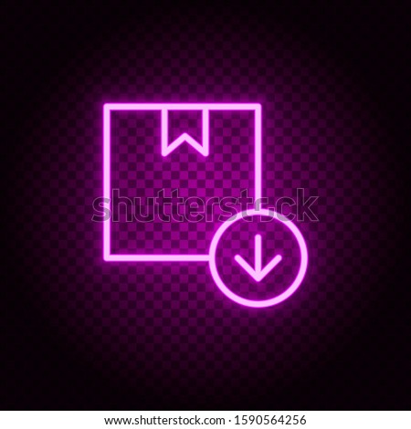 box, delivery, download, arrow down neon icon. Pink neon vector icon