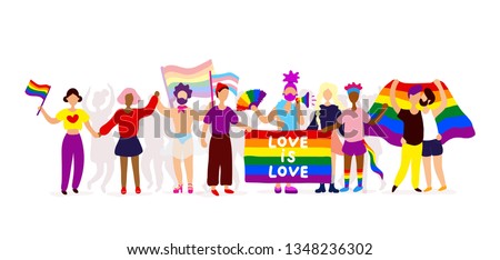 Gay parade. Interracial group of gay, lesbian, transgender activists participating in lgbtq pride. Vector flat modern style illustration icon design. Isolated on white background. 