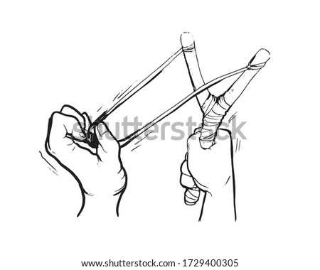 Drawing of a hand pulling back slingshot and aiming