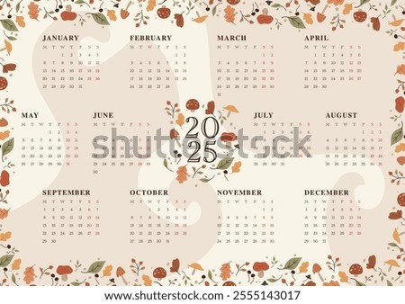 2025 calendar with floral, mushroom illustration. Vector design template. autumn vibe. Berrys and leaves