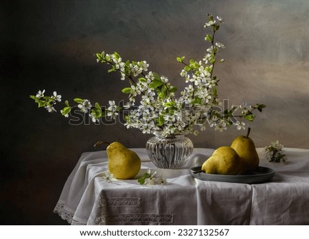 Similar – Foto Bild Stillleben mit Blumen und Kaffeetasse auf dunklem Hintergrund