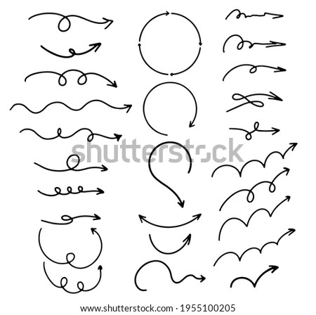 a Large Set of Various black swirling hand-drawn Arrows, doodle art, line art. Arrow options: Twisting, Ascending, Circular, Thin, Long, Wavy, Sketchy
