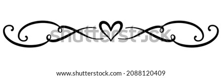 Linear black vector drawing for holidays, Valentine's day, March 8, birthday, mother day. Separator for text with curves and wavy lines with heart in center. Romantic pattern for greeting product