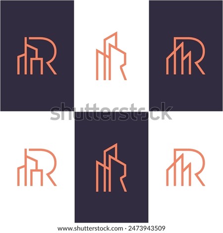 R letter logo with building logo design vector illustration