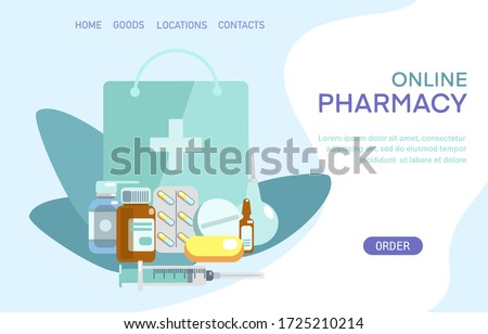 Medical supplies, bottles liquids, bag, syringe, enema, pills vector flat illustration. Pharmacy purchases. Drugstore Concept. Delivery online pharmacy. Template landing page, banner, card