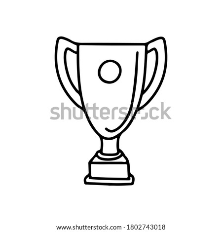 Hand drawn outline winner trophy with shine background. Sport trophy, winner prize sketch. Vector doodle illustration for print, web, mobile and infographics