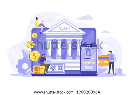 Mobile banking and online payment concept. People using laptop and mobile smartphone for online banking and accounting. Vector flat iliustration. Template for landing page Stockfoto © 