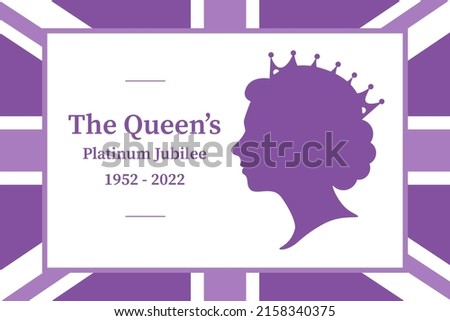 The Queen's Platinum Jubilee celebration sign with profile face and union jack flag. Vector flat illustration. Design for greeting  card, banner, flyer