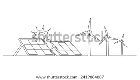 Wind farm turbine, solar panel with sun continuous one line icon drawing. Renewable source energy concept vector illustration in linear style. Contour line sign for innovation, environment design