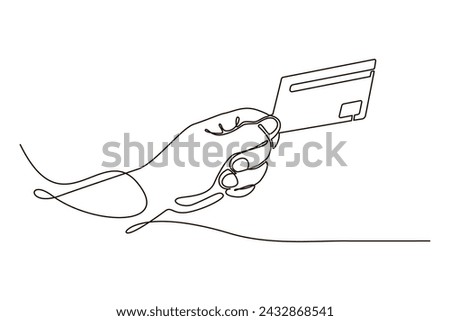 Hand holding bank credit card in continuous one line symbol drawing. Concept for banking, contactless payment. Silhouette line art vector illustration. Design for infographic, banner, flyer