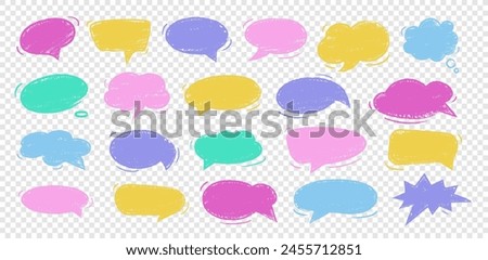 Empty colorful hand drawn grunge crayon, charcoal, chalk speech bubbles set in doodle style. Hand drawn crayon cloud message. Vector balloon speak sign dialog communication frame