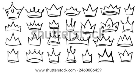 Hand drawn doodle set of grunge crayon, charcoal, chalk crown isolated icon. Scribble line sketches of king crown, majestic tiara, queen royal diadem vector. Graffiti royal coronation luxury symbol