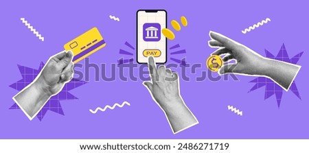 Collage with halftone hands, money, credit card and shapes. Mobile banking and online payment concept vector pop art illustration. Design for infographic, poster, website