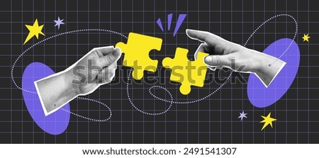 Collage with halftone two hands putting puzzle together. Teamwork concept vector pop art retro style illustration. Partnership and  relationship design element for infographic, poster, website