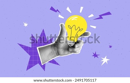 Collage with halftone hand and light bulb. Creative idea generation or brainstorm concept vector pop art retro style illustration. design element for infographic, poster, website