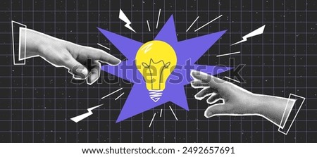 Collage with halftone hands and light bulb. Creative idea generation or brainstorm concept vector pop art retro style illustration. design element for infographic, poster, website