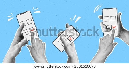 Collage with halftone hands holding phone and online election,  pushing voting button. Modern vector pop art retro style illustration. Design element for infographic, poster, website, greeting card