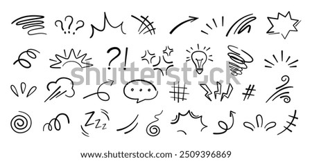 Handdrawn anime manga doodle line elements set. Collection of graphic effects for character emotion. Vector illustration of express shape, anime movement on white background 