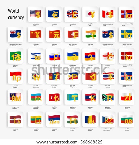 World currency symbols vector icon set with country flags