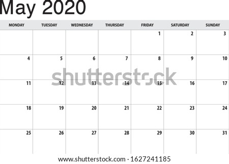May 2020 horizontal calendar grid on white background. Week starts on Monday. Simple 
 minimalist style. Large empty cells for notes and planning. 