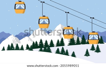 Yellow ski cabin lift for mountain skiers and snowboarders moves in the air on a cableway on the background of winter snow capped mountains. Vector illustration