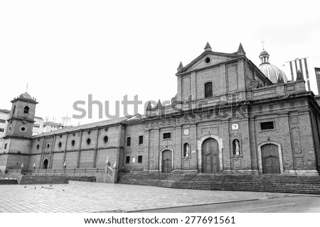 The San Francisco church in Cali, Colombia in black and white