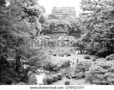 Shukkei En garden in Hiroshima Japan in black and white