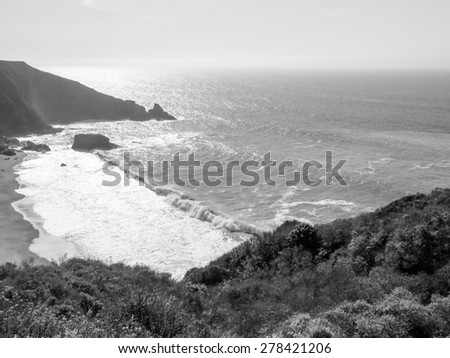 Big Sur beach on the Pacific Ocean in California USA in black and white
