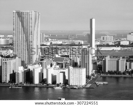View of the city of Tokyo in Japan in black and white