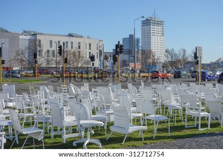 CHRISTCHURCH, NEW ZEALAND - JUNE 11, 2015: 185 Empty Chairs is a temporary art installation to remember the victims of the 2011 earthquake