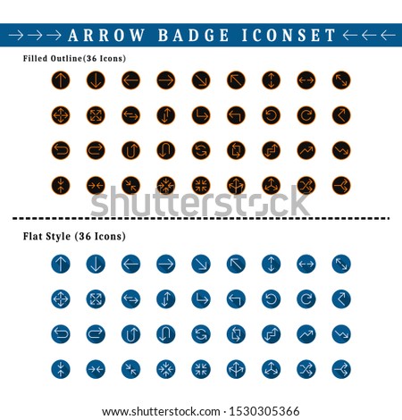 Two sets of arrow badge icons. With filled outline and flat style