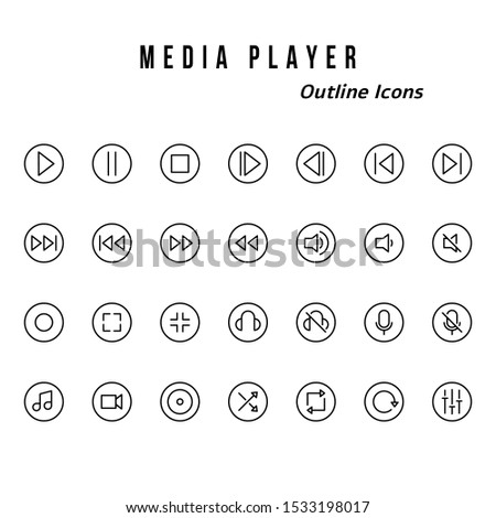 A set of icons with a media player theme. Outline style