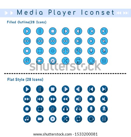 Two sets of media player badge icons. With filled outline and flat style