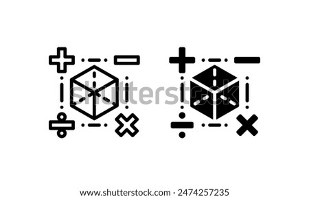 Mathematics icons, represented by plus, minus, multiply, divide and cube symbols. icons in outline and glyph style