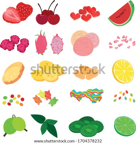 Set of sweets and fruits. Nuts and candies. Marmalade and berry. Additives to tea, coffee and desserts.
