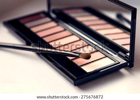 Closeup Brush with Eyeshadow Palette. Pink Nude Colors Eyeshadow. Professional make up.