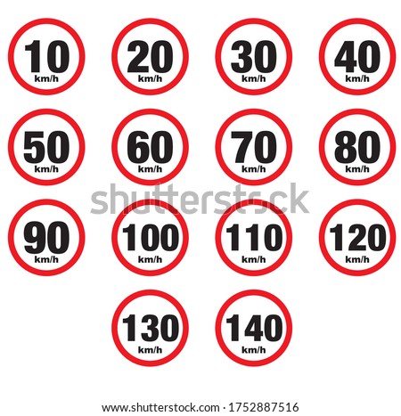 Collection of maximum speed limit signals 10, 20, 30, 40, 50, 60, 70, 80, 90, 100, 110, 120, 130, 140 km / h. Road signs icons isolated on white background.