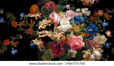 High Resolution, Angels, Roses, Flowers and Birds. Renaissance art. Cupid and Happy Valentines Day. Paradise garden. Template for clothes, t-shirt, digital and textile print design - illustration