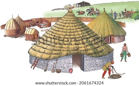 The Celtic house was usually circular, with a large sloping roof of straw and walls made of stone or wood Photo stock © 