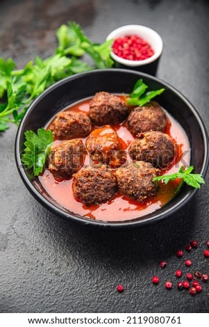 meatballs tomato sauce meat beef veal pork fresh portion dietary healthy meal food diet still life snack on the table copy space food background rustic top view keto or paleo diet Foto stock © 