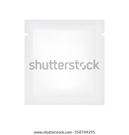 VECTOR PACKAGING: White gray square sachet foil packet on isolated white background. Mock-up template ready for design