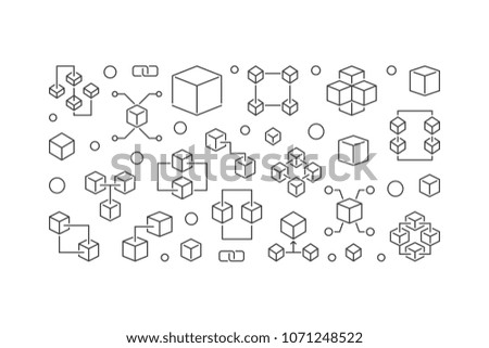 Blockchain technology vector concept horizontal banner made of outline block chain and cube icons