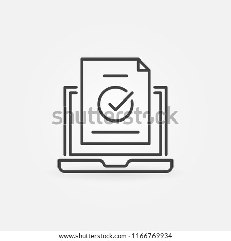 Laptop with check mark outline icon. Vector check mark on the laptop screen concept symbol in thin line style