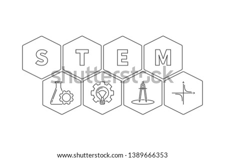 STEM word with icons vector hexagonal illustration in thin line style