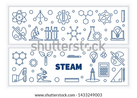 Set of 2 STEAM vector concept horizontal banners in thin line style on white background