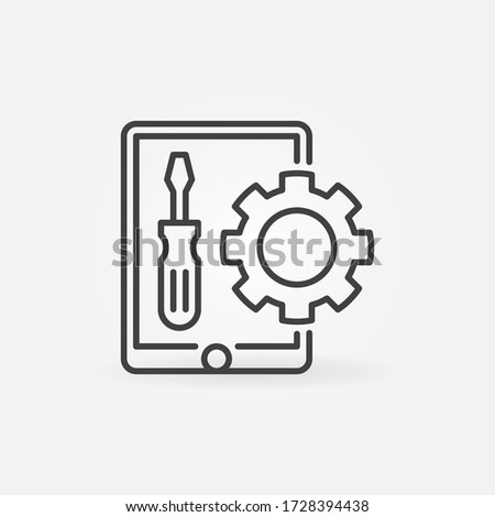 Tablet with Screwdriver and Gear outline vector concept icon or sign