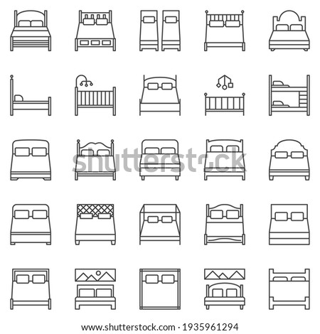 Bed outline icons set - vector Double and Single Beds concept symbols. Cot line signs