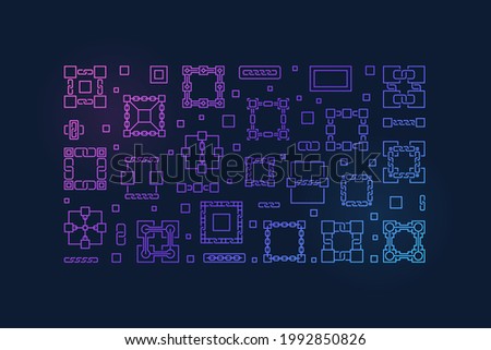 Block Chain concept horizontal colored banner made with block chain line icons. Vector illustration
