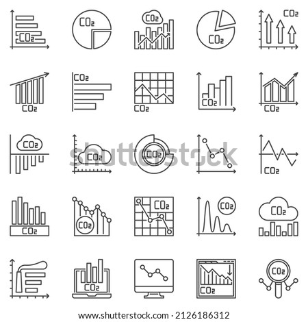 CO2 Graphs outline icons set - Carbon Dioxide Diagrams and Charts concept line vector symbols